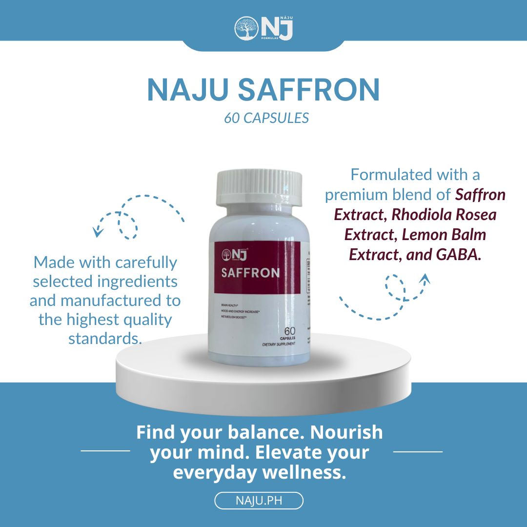 NAJU Saffron Capsules, formulated with a premium blend of Saffron Extract, Rhodiola Rosea Extract, Lemon Balm Extract, and GABA